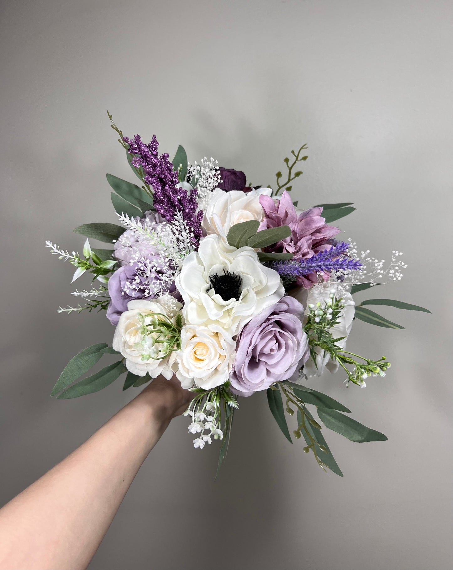 Wedding Lavender Bouquet Purple Bridal Violent Bouquet Plum Bridesmaids Lilac Dandelion Hydrangea Eucalyptus White Wild Flowers Artificial