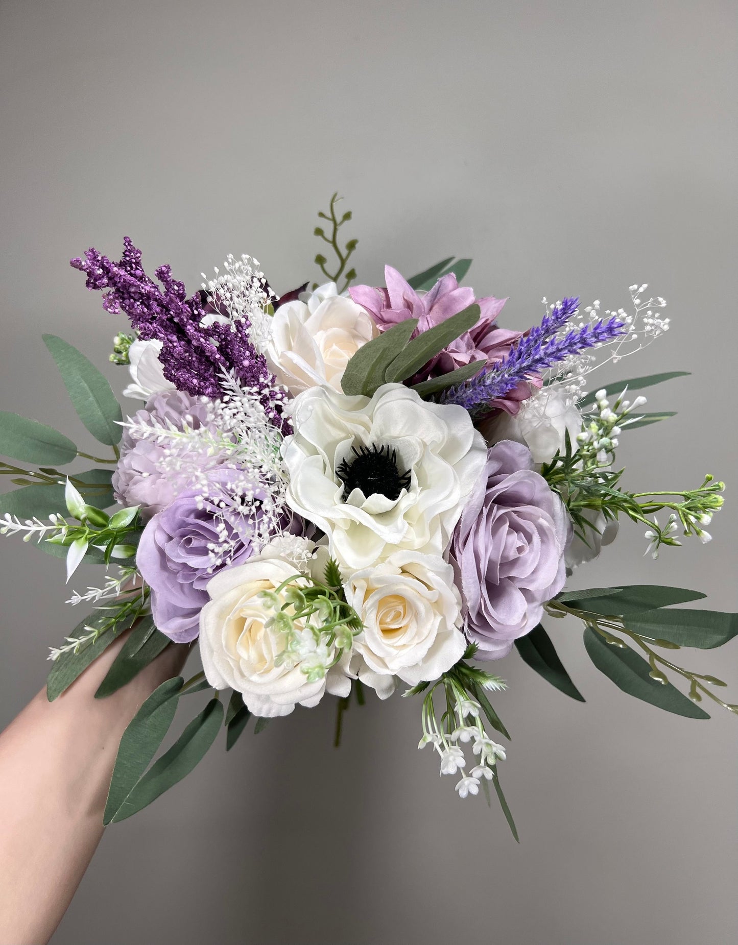 Wedding Lavender Bouquet Purple Bridal Violent Bouquet Plum Bridesmaids Lilac Dandelion Hydrangea Eucalyptus White Wild Flowers Artificial