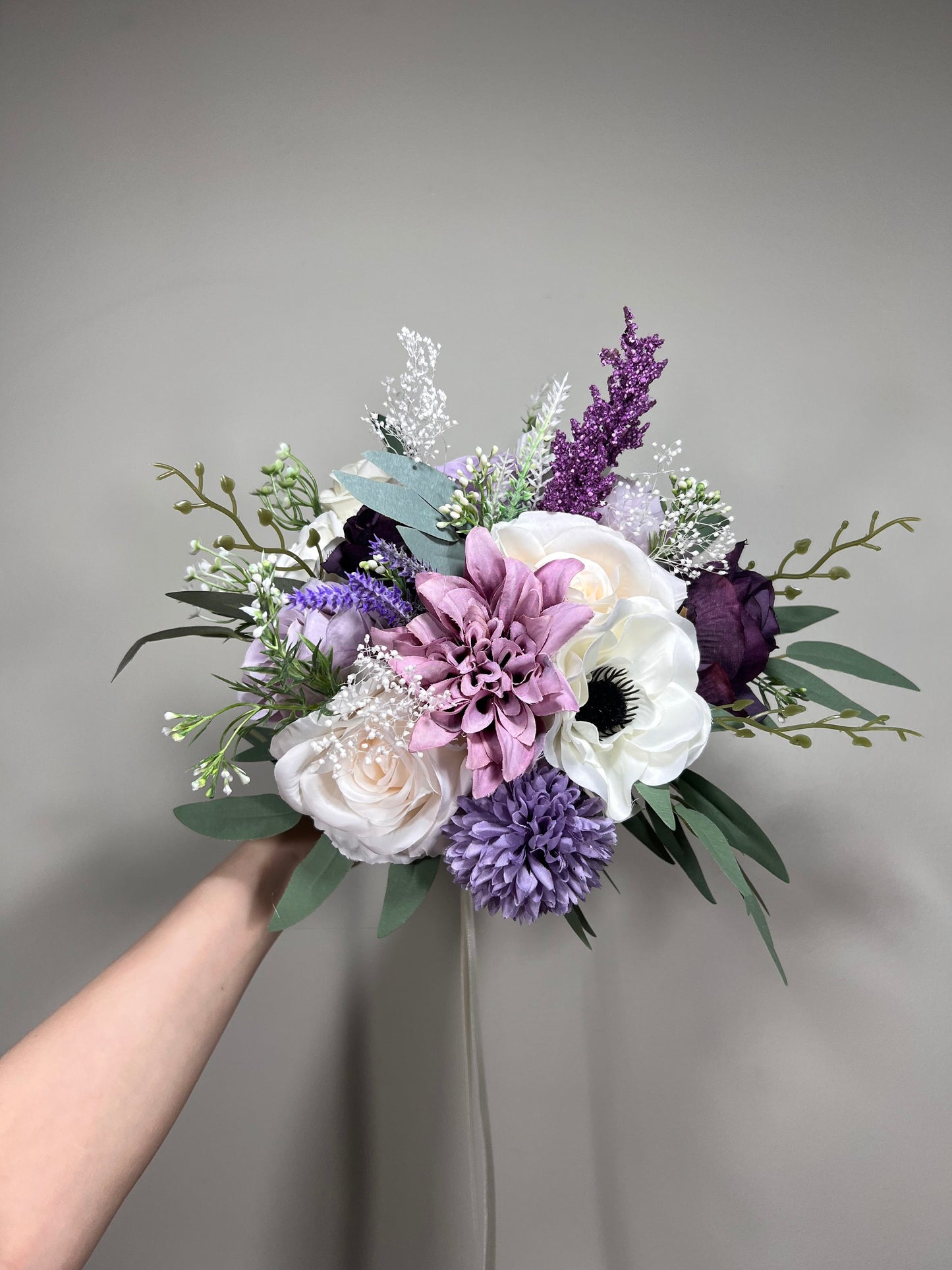 Wedding Lavender Bouquet Purple Bridal Violent Bouquet Plum Bridesmaids Lilac Dandelion Hydrangea Eucalyptus White Wild Flowers Artificial