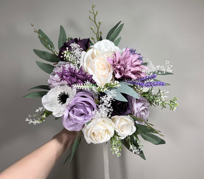 Wedding Lavender Bouquet Purple Bridal Violent Bouquet Plum Bridesmaids Lilac Dandelion Hydrangea Eucalyptus White Wild Flowers Artificial