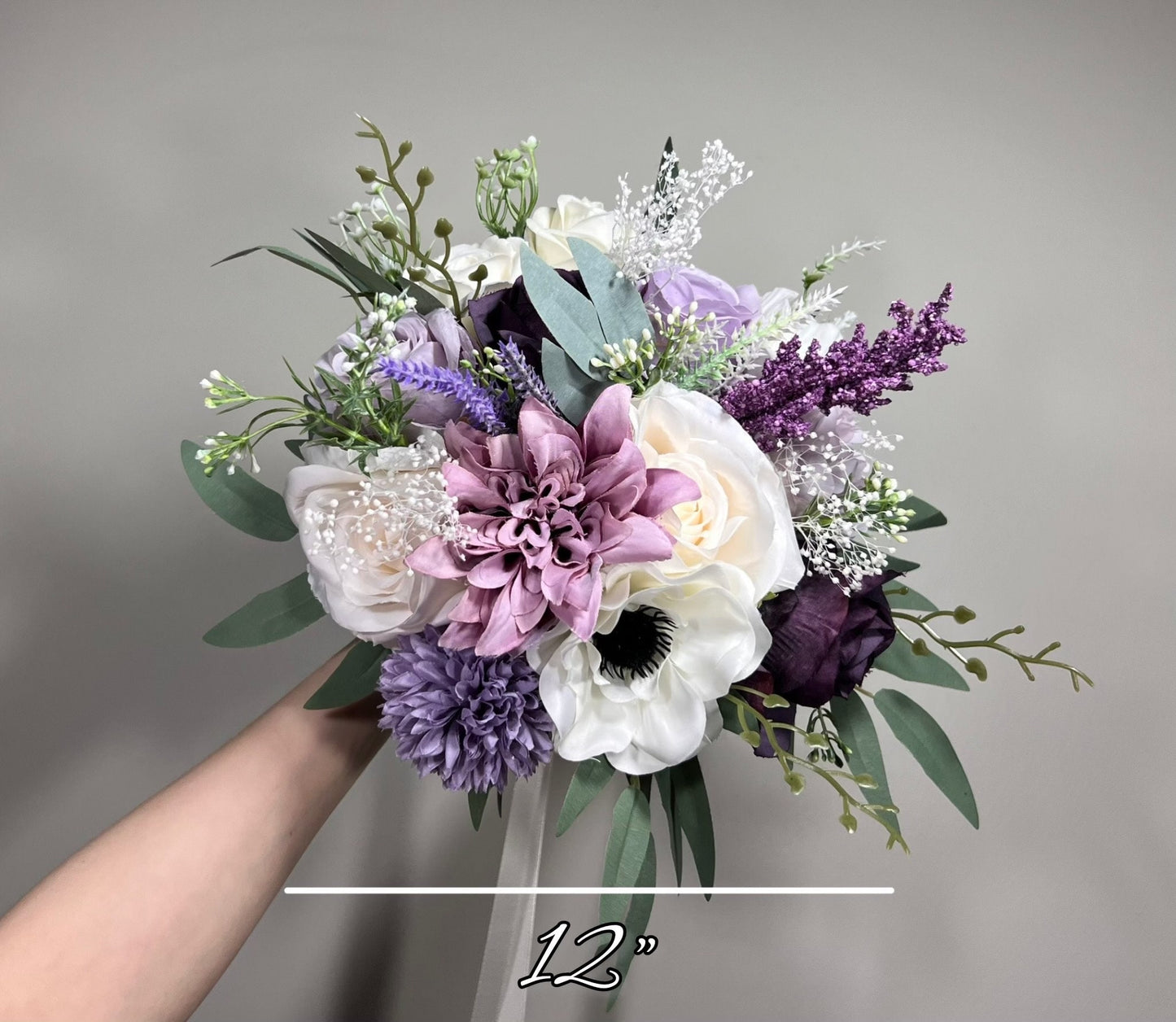 Wedding Lavender Bouquet Purple Bridal Violent Bouquet Plum Bridesmaids Lilac Dandelion Hydrangea Eucalyptus White Wild Flowers Artificial