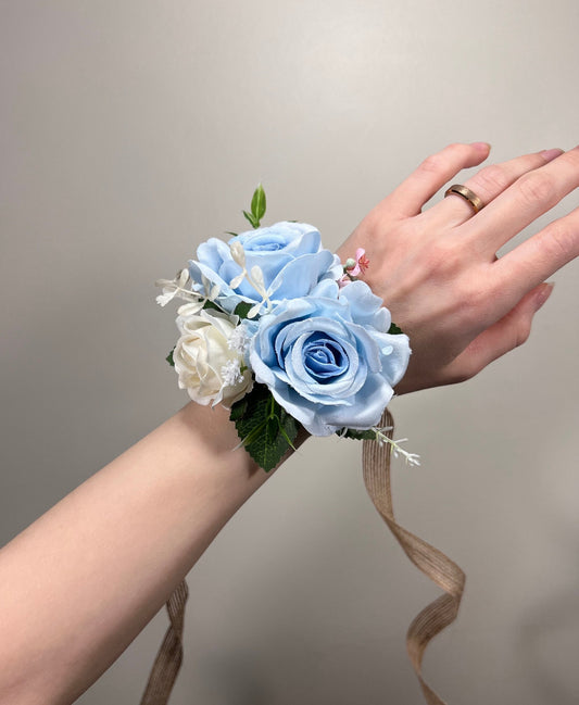 Wedding Blue Corsage White Wedding Wrist Corsage Bridesmaids Decor Dusty Blue Light Ivory Corsage Accessories Mom Corsage Artificial Flowers