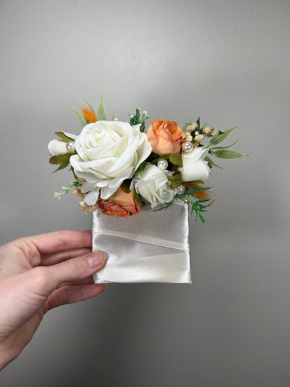 Wedding Pocket Boutonniere White Groom Boutonnière Rust Square Groomsmen Pocket Boutonniere Pearl Wedding Burnt Orange Artificial Flowers