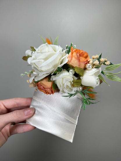 Wedding Pocket Boutonniere White Groom Boutonnière Rust Square Groomsmen Pocket Boutonniere Pearl Wedding Burnt Orange Artificial Flowers