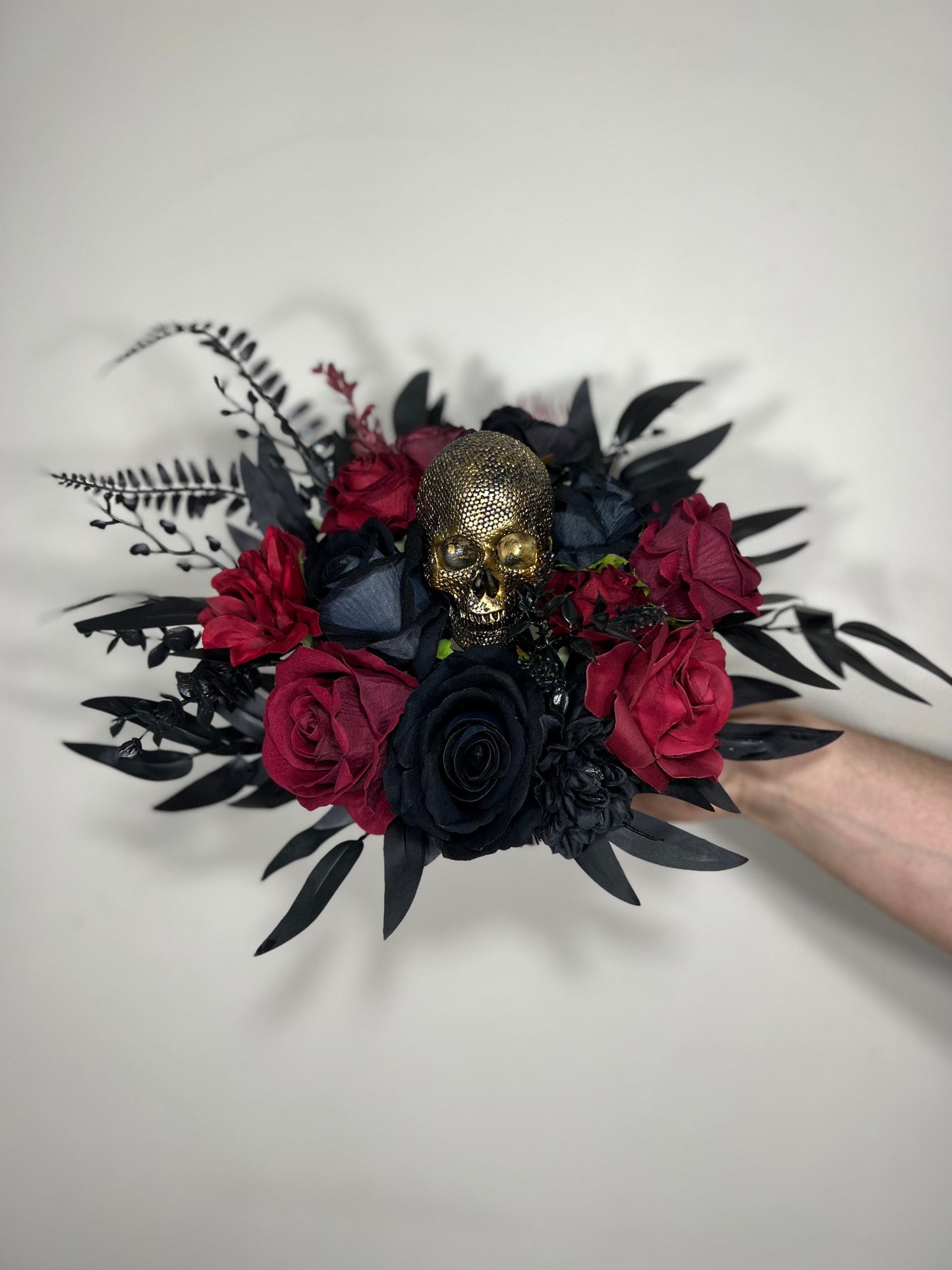 Wedding Bouquet Black Burgundy Gold Skull Bridal Wedding Gothic Halloween Bouquet Bridesmaids Black Skull Spooky Burgundy Fun Bouquet Metal