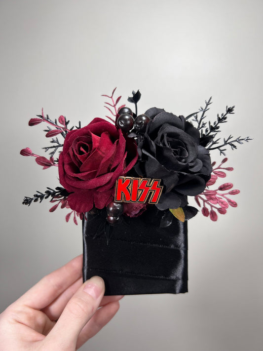 Wedding Custom Pocket Boutonniere Kiss Black Groom Boutonnière Square Burgundy Groomsmen Rock and Roll Band KISS Artificial Flower