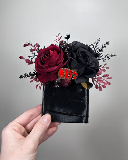 Wedding Custom Pocket Boutonniere Kiss Black Groom Boutonnière Square Burgundy Groomsmen Rock and Roll Band KISS Artificial Flower