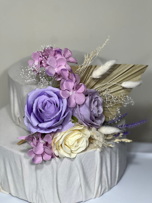 Cake Topper White Wedding Decor Purple Boho Cake Arrangements Lilac Wedding Palm Leave Pink Cake Decoration White Artificial Flowers