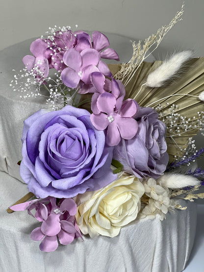 Cake Topper White Wedding Decor Purple Boho Cake Arrangements Lilac Wedding Palm Leave Pink Cake Decoration White Artificial Flowers