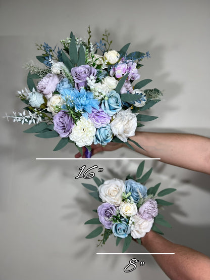 Wedding Bouquet Blue Bridal Rustic Light Purple Bouquet White Lavender Wild Flower Light Blue Eucalyptus Ivory Artificial Flower Lilac