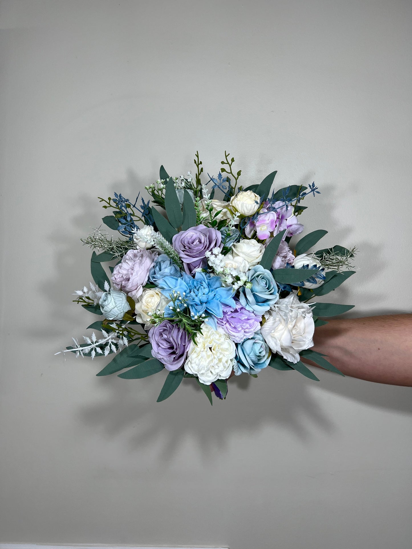 Wedding Bouquet Blue Bridal Rustic Light Purple Bouquet White Lavender Wild Flower Light Blue Eucalyptus Ivory Artificial Flower Lilac