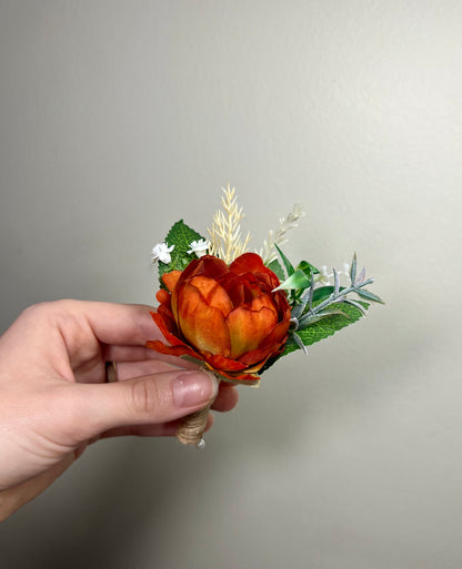 Rust Boutonniere Wedding Groom Burnt Orange Boutonnière Rust Groomsmen  Boutonnière Orange Groom Artificial Flowers Peony