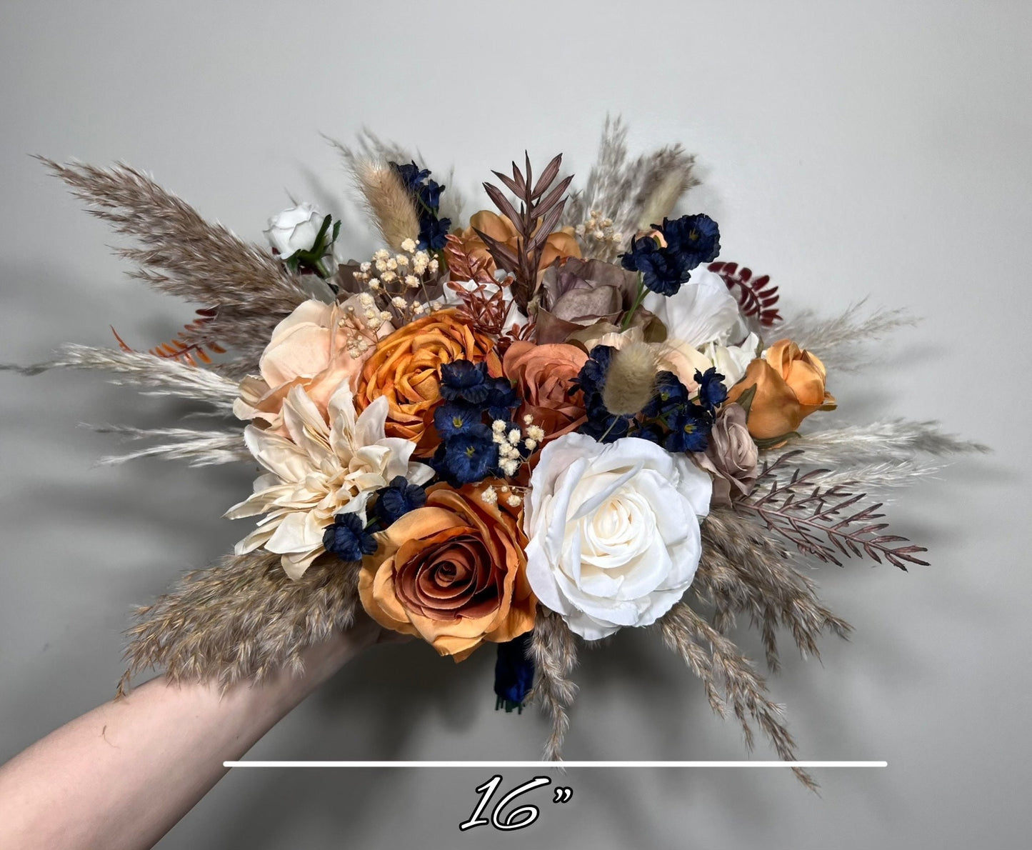 Wedding Bouquet Navy Blue Terracotta Boho Bridal Rust White Bouquet Burnt Orange Brown Cinnamon Navy Blue Artificial Flower Pampas Grass