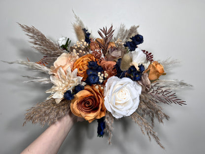 Wedding Bouquet Navy Blue Terracotta Boho Bridal Rust White Bouquet Burnt Orange Brown Cinnamon Navy Blue Artificial Flower Pampas Grass