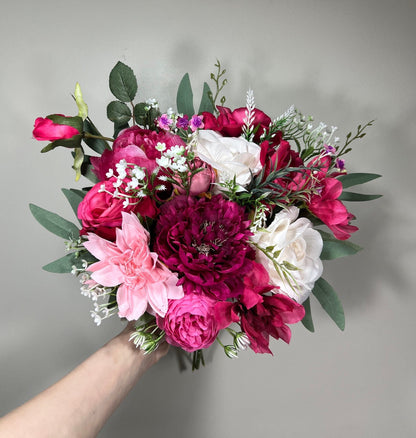 Wedding Fuchsia Bouquet Bridal Viva Magenta Bridesmaids Bouquet Hot Pink Peony Deep Pink Neon Pink Bouquet White Artificial Flower Wild