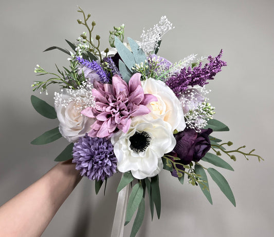 Wedding Lavender Bouquet Purple Bridal Violent Bouquet Plum Bridesmaids Lilac Dandelion Hydrangea Eucalyptus White Wild Flowers Artificial