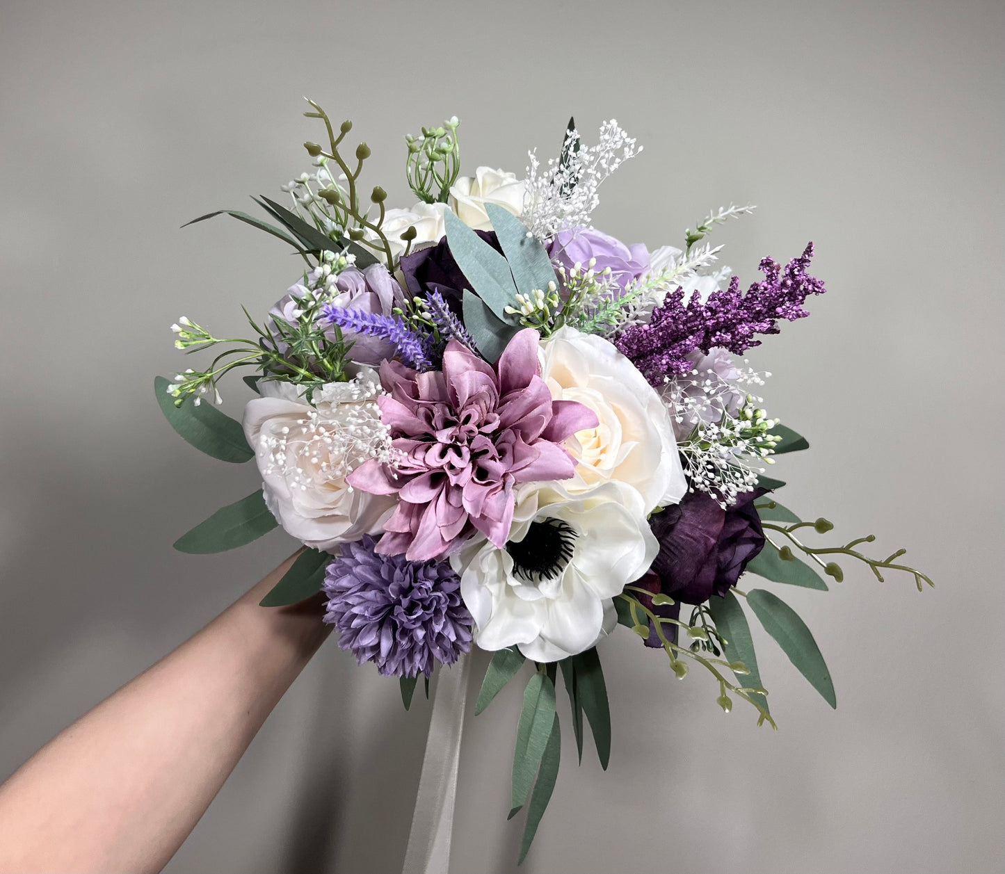 Wedding Lavender Bouquet Purple Bridal Violent Bouquet Plum Bridesmaids Lilac Dandelion Hydrangea Eucalyptus White Wild Flowers Artificial