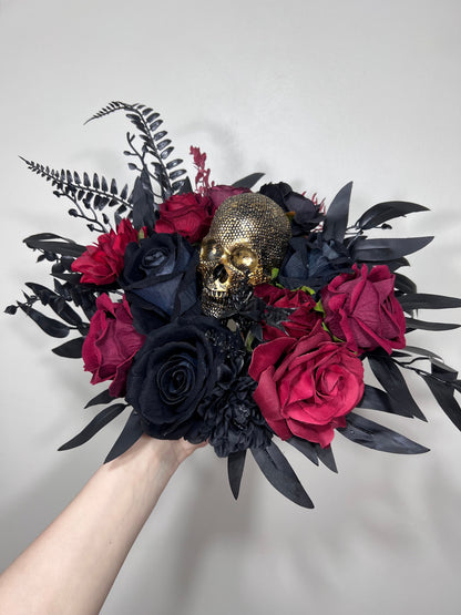 Wedding Bouquet Black Burgundy Gold Skull Bridal Wedding Gothic Halloween Bouquet Bridesmaids Black Skull Spooky Burgundy Fun Bouquet Metal