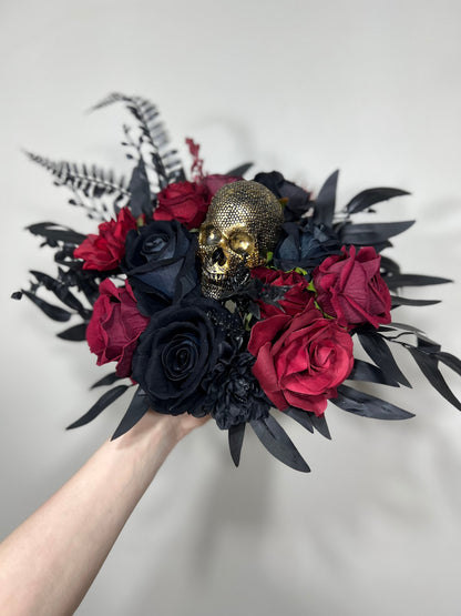 Wedding Bouquet Black Burgundy Gold Skull Bridal Wedding Gothic Halloween Bouquet Bridesmaids Black Skull Spooky Burgundy Fun Bouquet Metal