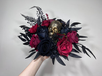 Wedding Bouquet Black Burgundy Gold Skull Bridal Wedding Gothic Halloween Bouquet Bridesmaids Black Skull Spooky Burgundy Fun Bouquet Metal