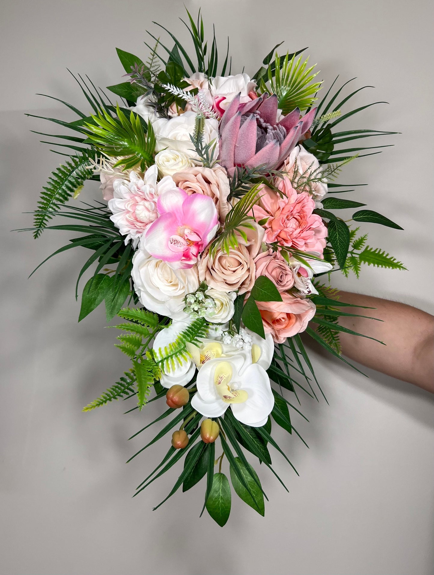 Wedding Cascade Bouquet Bridal White Cascading Bouquet Pink Peach Bridesmaids Bouquet Protea Coral Tropical Beach Orchid Artificial Flower