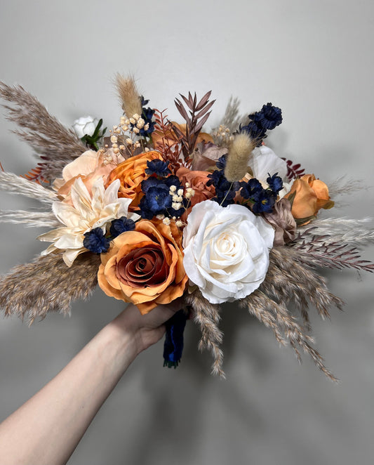 Wedding Bouquet Navy Blue Terracotta Boho Bridal Rust White Bouquet Burnt Orange Brown Cinnamon Navy Blue Artificial Flower Pampas Grass