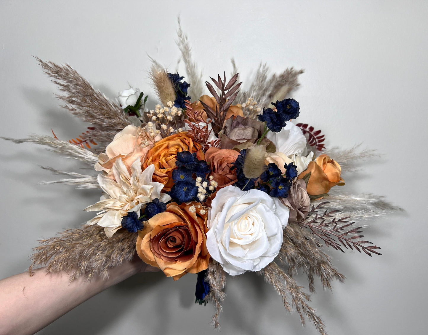 Wedding Bouquet Navy Blue Terracotta Boho Bridal Rust White Bouquet Burnt Orange Brown Cinnamon Navy Blue Artificial Flower Pampas Grass