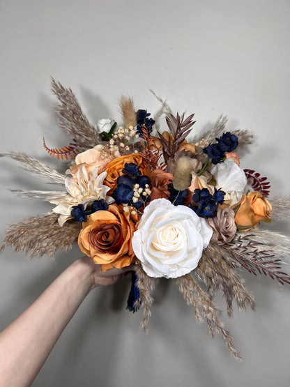 Wedding Bouquet Navy Blue Terracotta Boho Bridal Rust White Bouquet Burnt Orange Brown Cinnamon Navy Blue Artificial Flower Pampas Grass