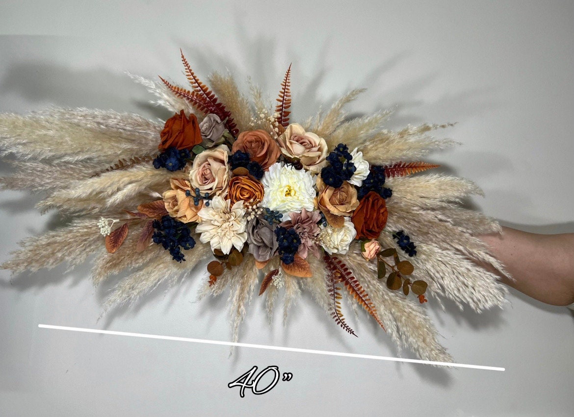 Wedding Bouquet Navy Blue Terracotta Boho Bridal Rust White Bouquet Burnt Orange Brown Cinnamon Navy Blue Artificial Flower Pampas Grass