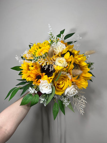 Sunflower Bouquet Wedding Boho Bridal Sunflower Wedding White Fall Decor Ivory Sunflower Bridesmaids Bouquet Pampas Grass Artificial Flowers