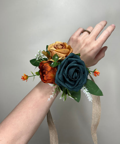 Durk Teal Corsage Wedding Teal Corsage Mom Corsage Durk Teal Rust Terracotta Corsage Burnt Orange Artificial Flowers