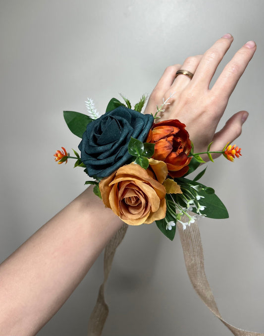 Durk Teal Corsage Wedding Teal Corsage Mom Corsage Durk Teal Rust Terracotta Corsage Burnt Orange Artificial Flowers