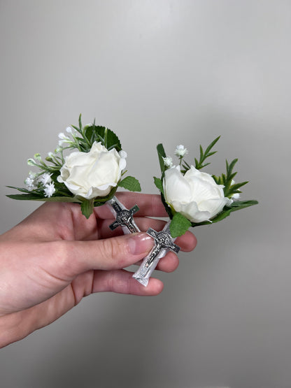 Christian Boutonniere With Cross Pin On Corsage Wrist Groom Wedding Groomsmen Boutonnière Ivory White Rose Catholic Wedding