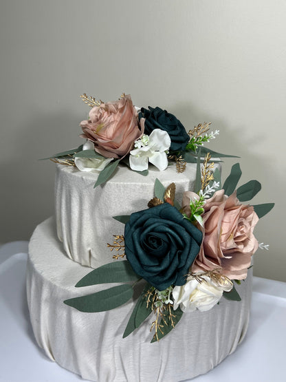 Wedding Cake Decoration Dusty Rose Topper Dark Teal White Decor Cake Arrangements Gold Wedding Cake Decoration Teal Artificial Flower Topper