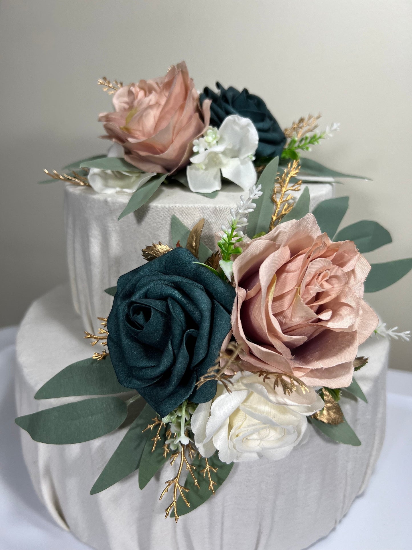 Wedding Cake Decoration Dusty Rose Topper Dark Teal White Decor Cake Arrangements Gold Wedding Cake Decoration Teal Artificial Flower Topper