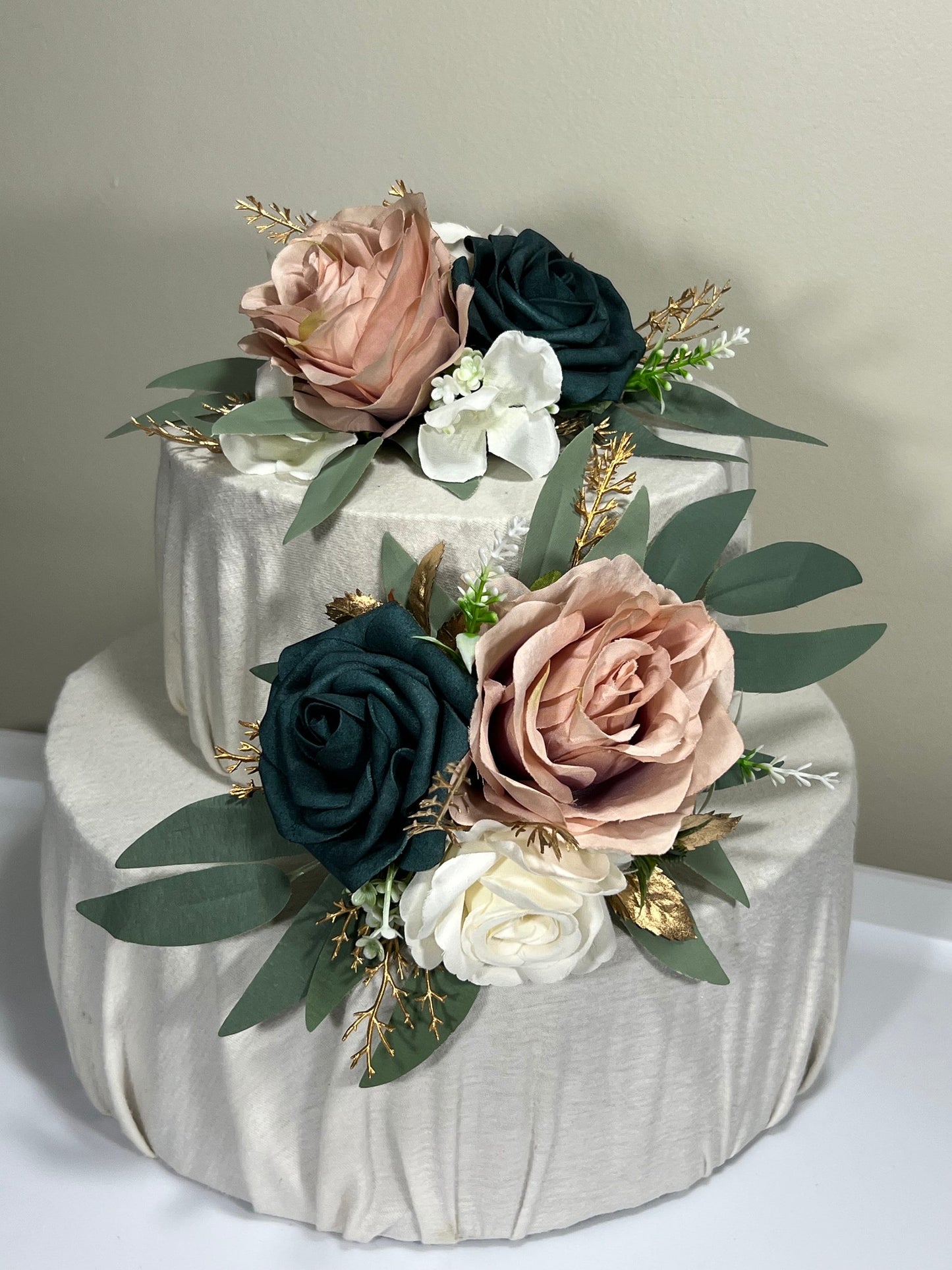 Wedding Cake Decoration Dusty Rose Topper Dark Teal White Decor Cake Arrangements Gold Wedding Cake Decoration Teal Artificial Flower Topper