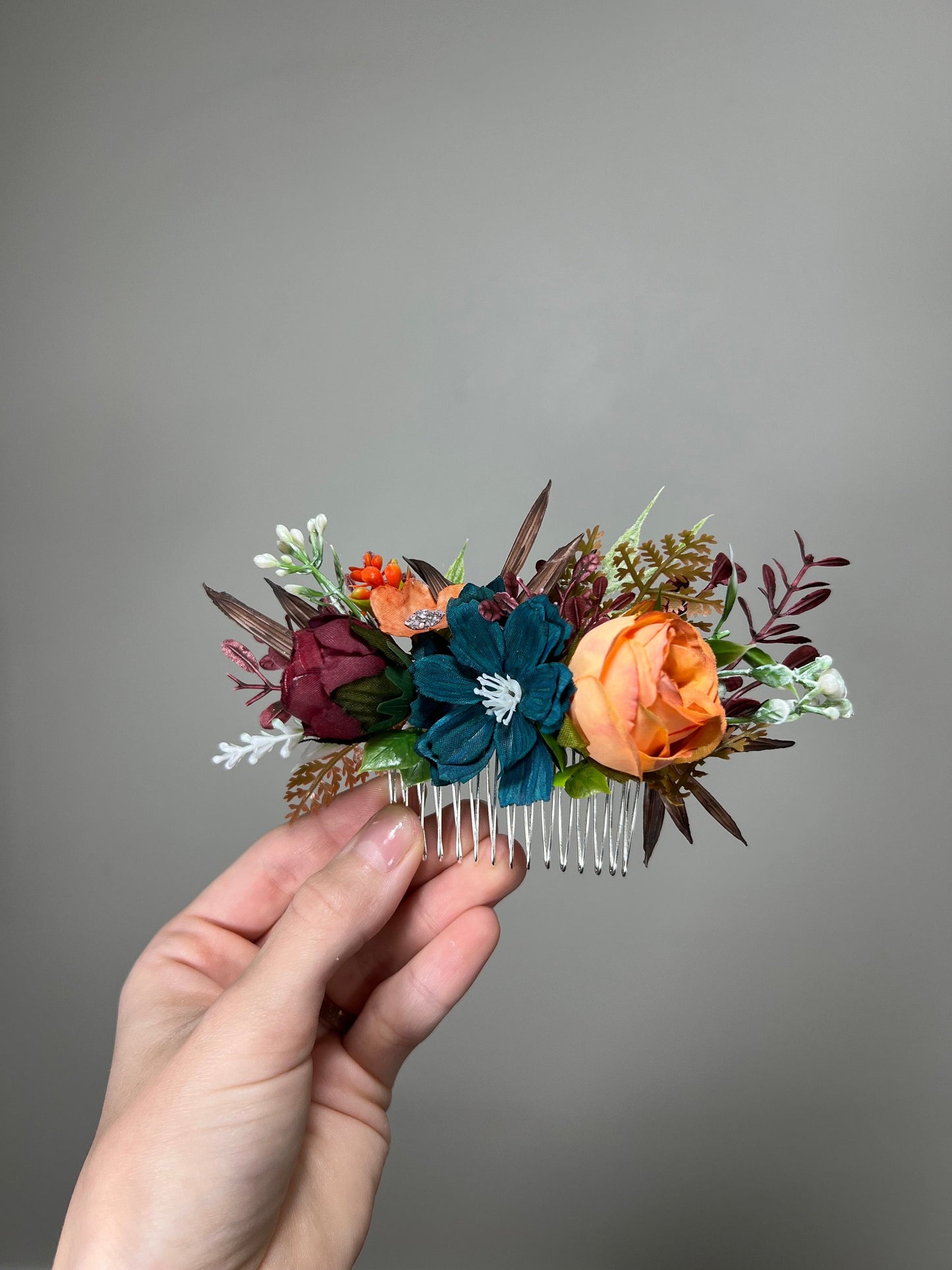 Flower Comb Wedding Dark Teal Head Piece Hair Comb Burgundy Bridal Wedding Burnt Orange Teal Hair Accessories Hair Comb Artificial Flower