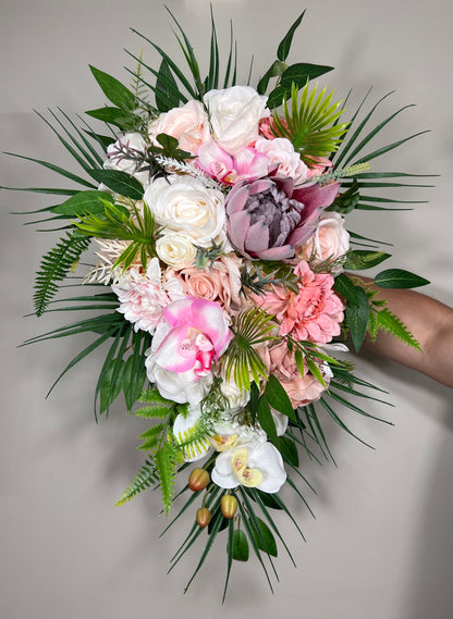 Wedding Cascade Bouquet Bridal White Cascading Bouquet Pink Peach Bridesmaids Bouquet Protea Coral Tropical Beach Orchid Artificial Flower