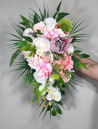 Wedding Cascade Bouquet Bridal White Cascading Bouquet Pink Peach Bridesmaids Bouquet Protea Coral Tropical Beach Orchid Artificial Flower