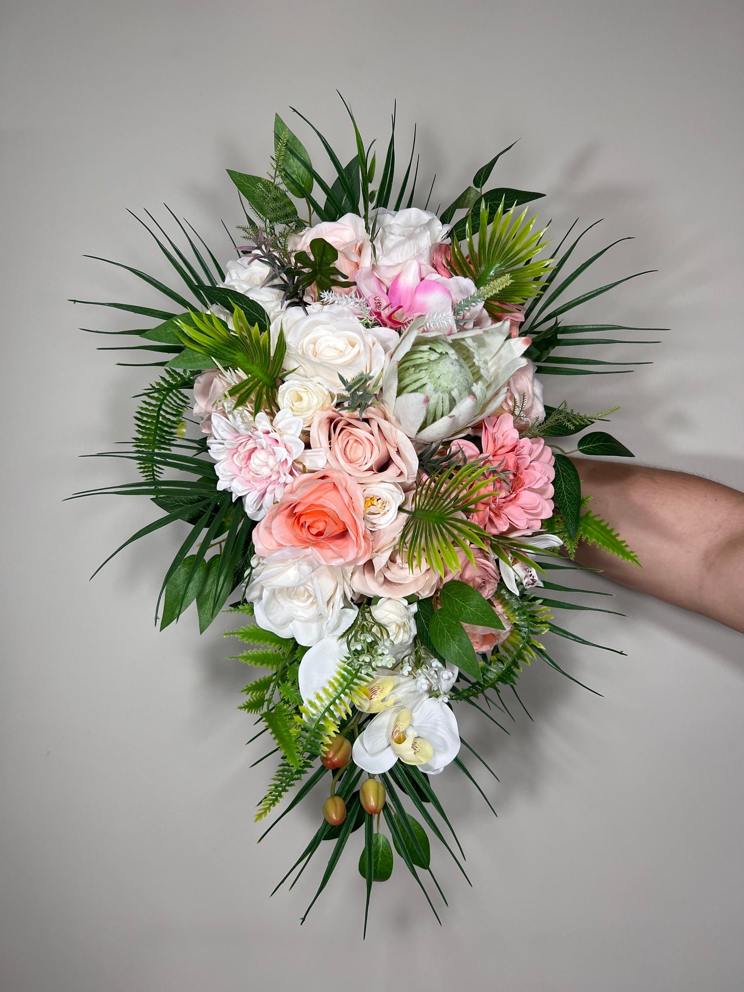 Wedding Cascade Bouquet Bridal White Cascading Bouquet Pink Peach Bridesmaids Bouquet Protea Coral Tropical Beach Orchid Artificial Flower