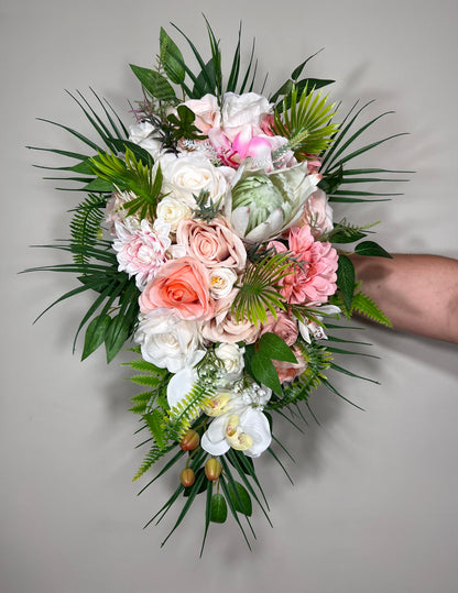 Wedding Cascade Bouquet Bridal White Cascading Bouquet Pink Peach Bridesmaids Bouquet Protea Coral Tropical Beach Orchid Artificial Flower