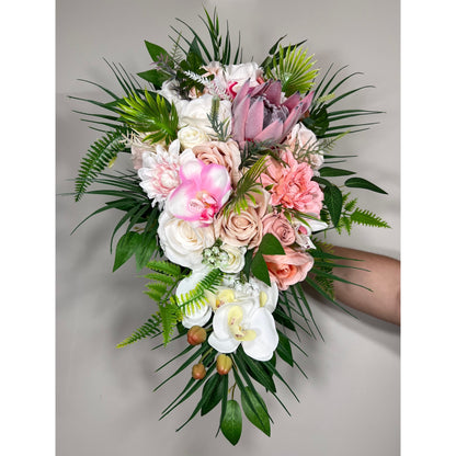 Wedding Cascade Bouquet Bridal White Cascading Bouquet Pink Peach Bridesmaids Bouquet Protea Coral Tropical Beach Orchid Artificial Flower