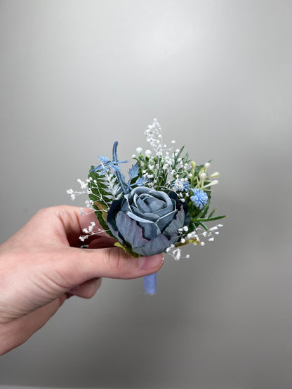 Wedding Boutonniere Dusty Blue Groom Wedding Groomsmen Boutonnière Blue Artificial Flowers Dusty Blue Peony Classic Boutonniere Baby Breath