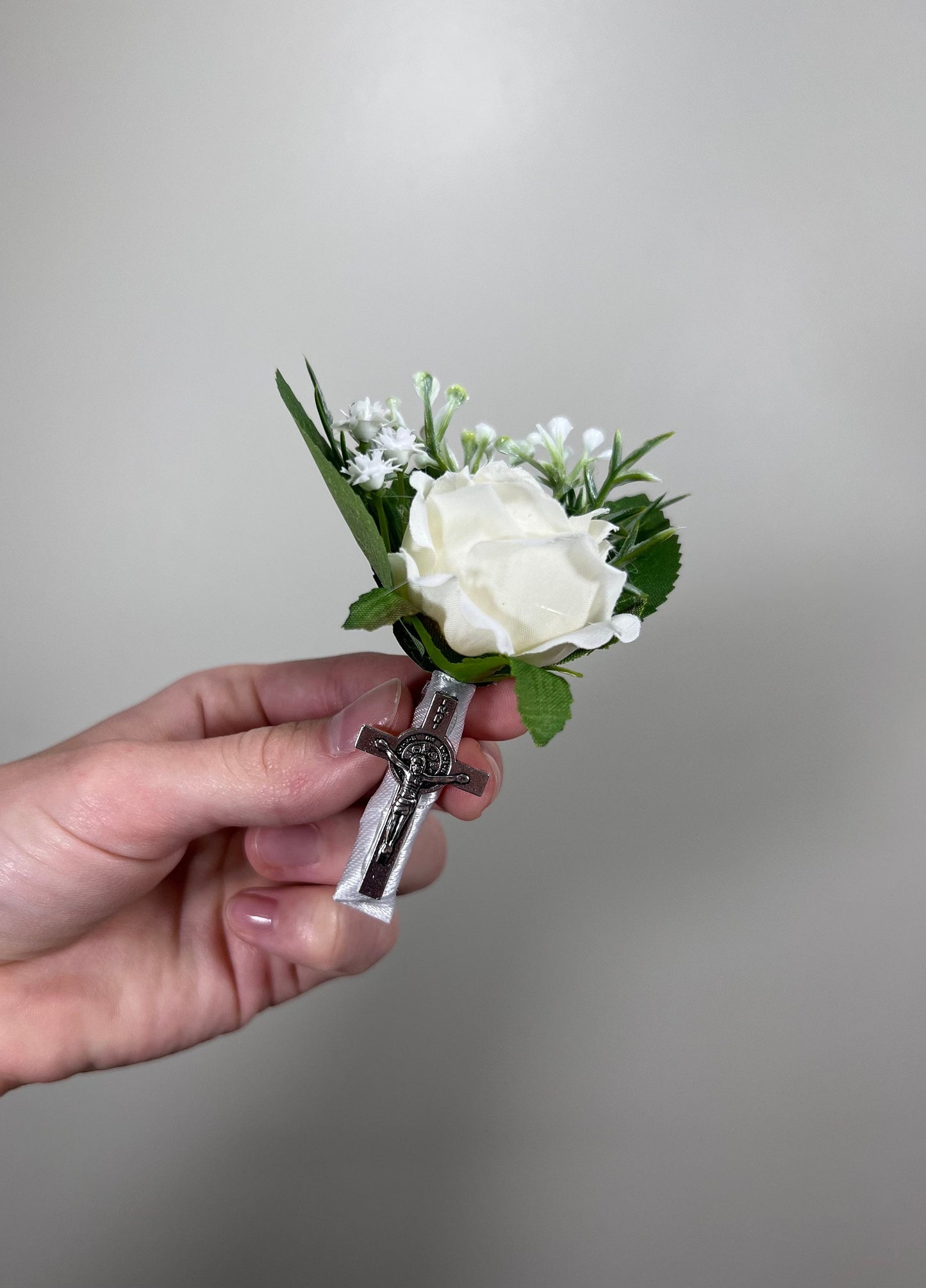 Christian Boutonniere With Cross Pin On Corsage Wrist Groom Wedding Groomsmen Boutonnière Ivory White Rose Catholic Wedding