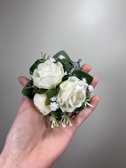 Christian Boutonniere With Cross Pin On Corsage Wrist Groom Wedding Groomsmen Boutonnière Ivory White Rose Catholic Wedding