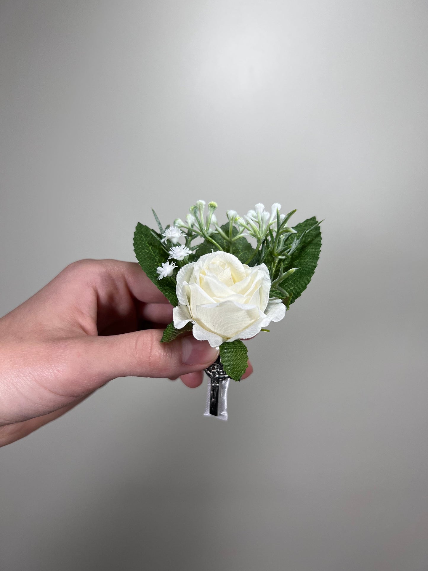 Christian Boutonniere With Cross Pin On Corsage Wrist Groom Wedding Groomsmen Boutonnière Ivory White Rose Catholic Wedding