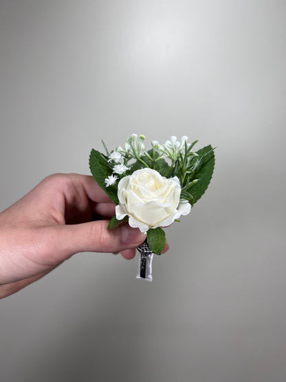 Christian Boutonniere With Cross Pin On Corsage Wrist Groom Wedding Groomsmen Boutonnière Ivory White Rose Catholic Wedding