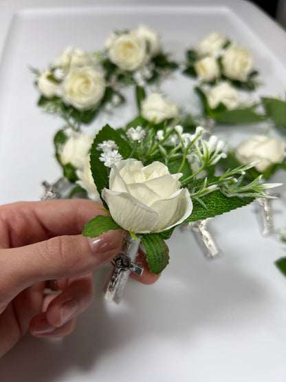 Christian Boutonniere With Cross Pin On Corsage Wrist Groom Wedding Groomsmen Boutonnière Ivory White Rose Catholic Wedding