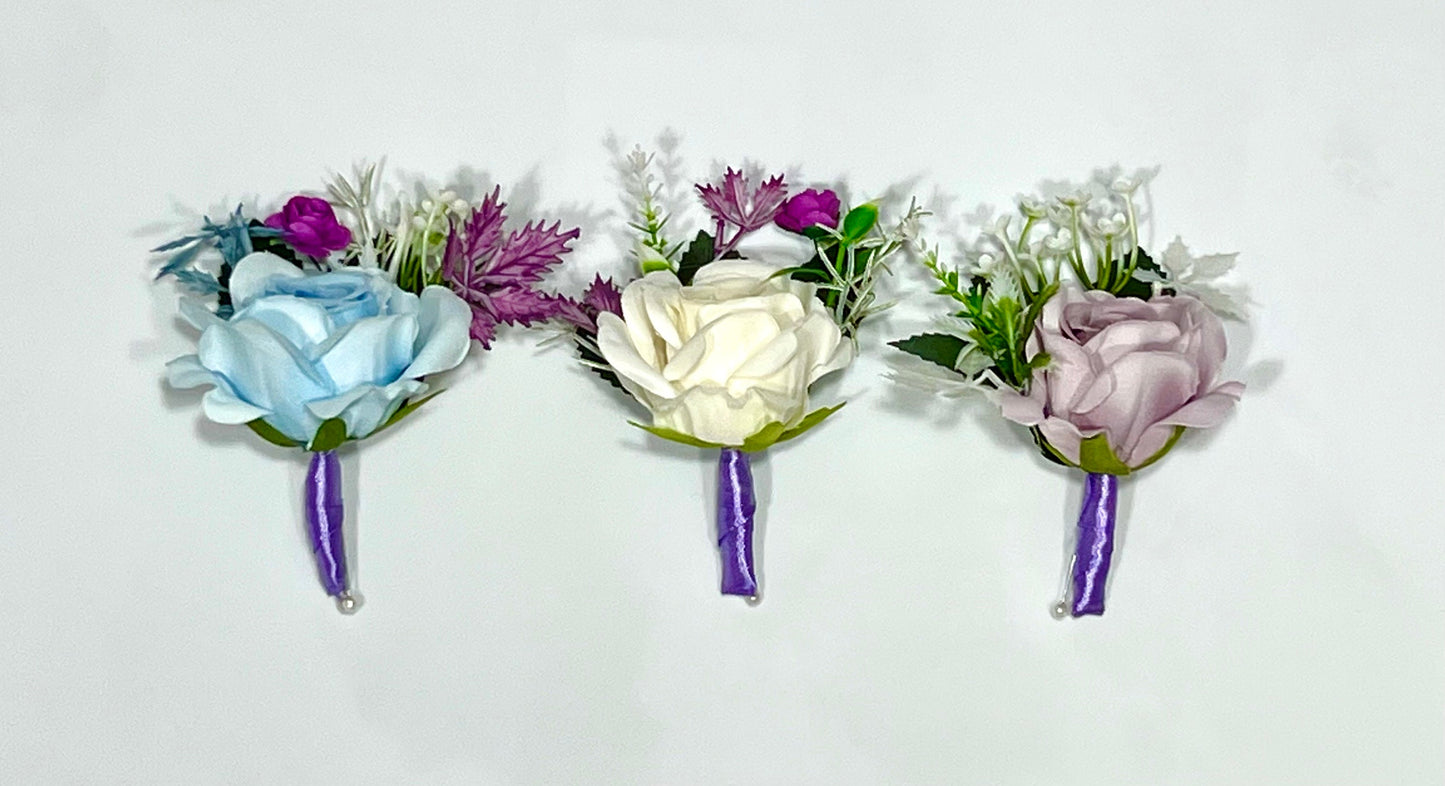 Wedding Boutonniere White Groom Wedding Groomsmen Lavender Boutonnière Purple Blue Rose Classic Boutonniere Dusty Blue Artificial Flowers