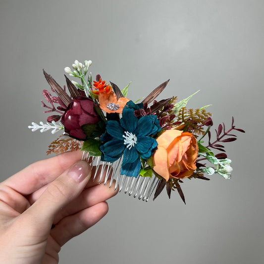 Flower Comb Wedding Dark Teal Head Piece Hair Comb Burgundy Bridal Wedding Burnt Orange Teal Hair Accessories Hair Comb Artificial Flower